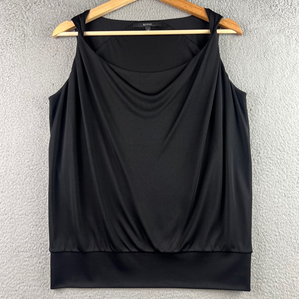 Gucci Black Draped Cowl Neck Sleeveless Top Banded Hem Made in Italy Size M